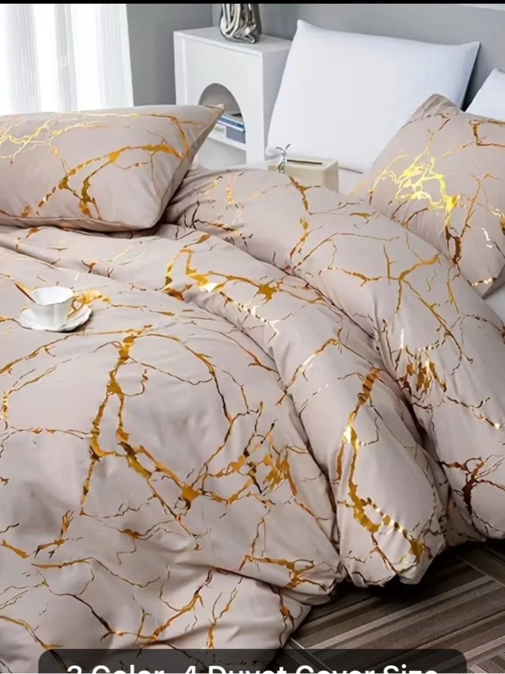 Gold Marble Print Comforter Set in Beige - Luxury Home Bedding